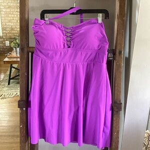 TORRID WIRELESS LONG LATTICE FRONT SWIM DRESS WITH BRIEF GEO PURPLE 2X NEW